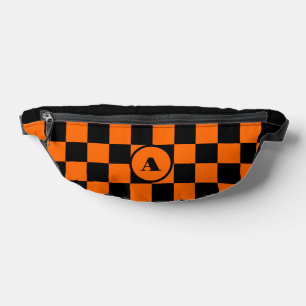 Black Initial Black and Sunset Orange Checkered Fanny Pack