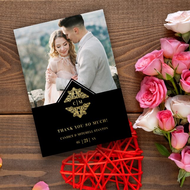 Black Initials Golden Chic Lace Romantic Wedding Foil Invitation (Creator Uploaded)