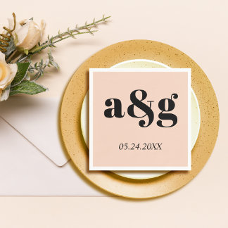 Black initials typography peach pink poppy wedding napkins