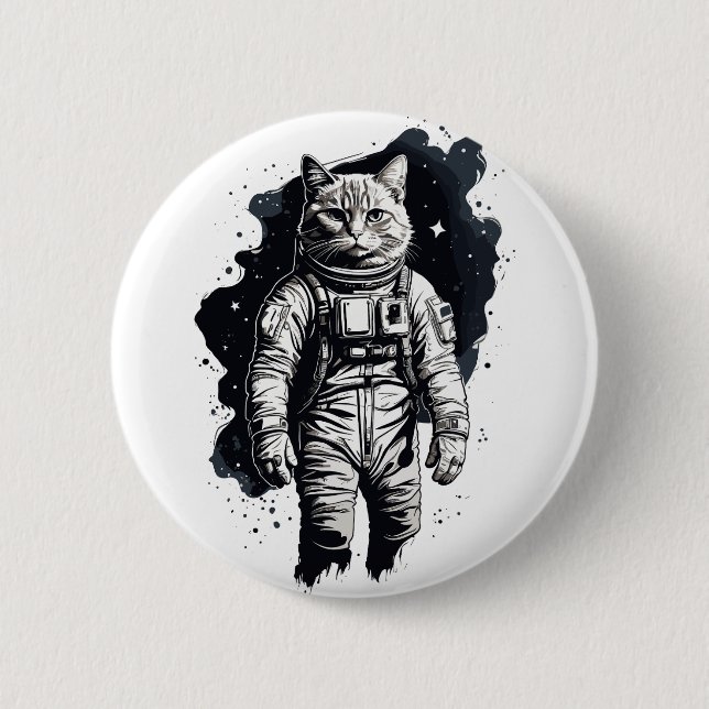 Black Ink Astronaut Cat Design Button (Front)