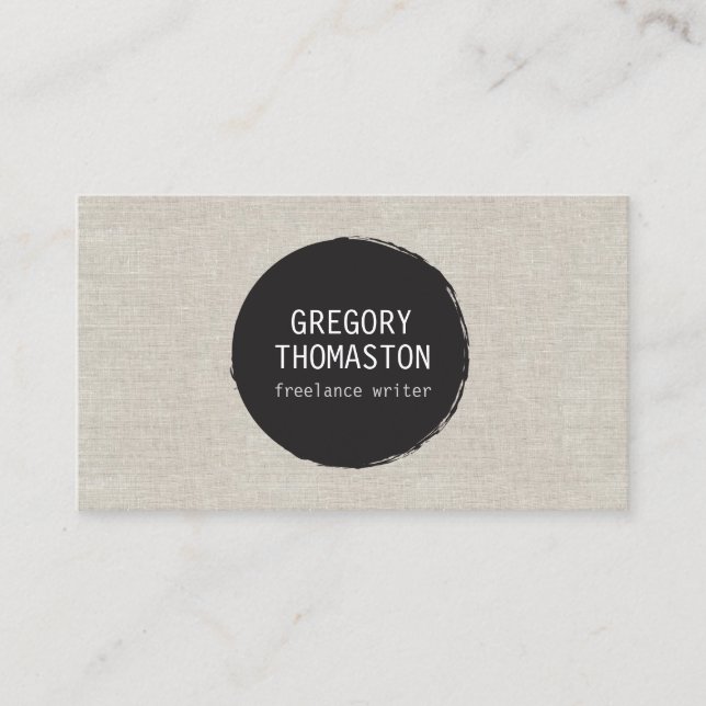 Black Ink Blot Circle Logo on Tan Faux Linen Business Card (Front)