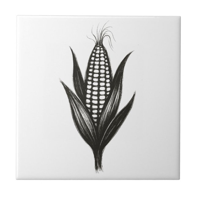 Black Ink Corn Illustration – Harvest Design on  Ceramic Tile (Front)
