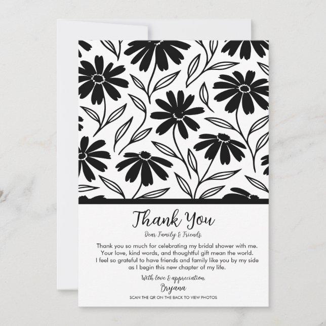 Black Ink Daisies Boho Bridal Shower Thank You Invitation (Front)
