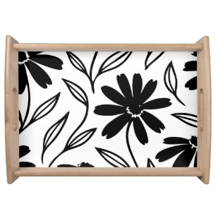 Black Ink Daisies Boho Serving Tray