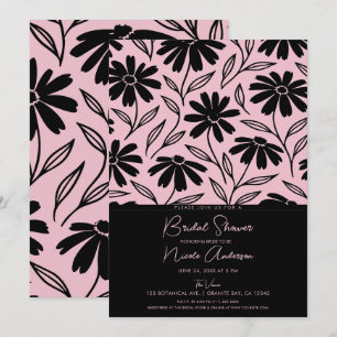 Black Ink Daisies Pink Boho Bridal Shower Invitation