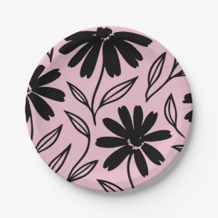 Black Ink Daisies Pink Boho Bridal Shower Paper Plates