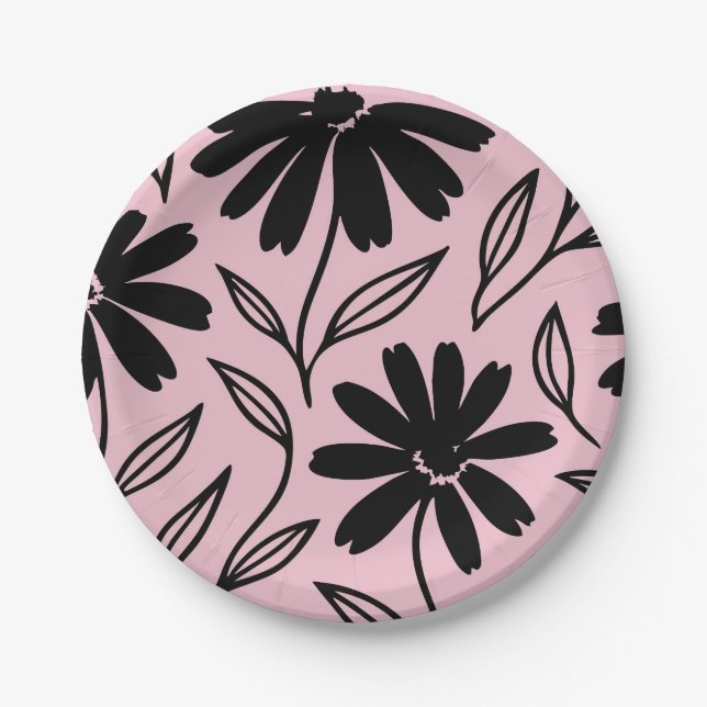 Black Ink Daisies Pink Boho Bridal Shower Paper Plates (Front)