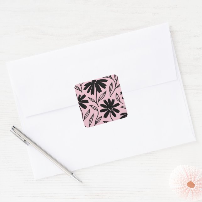 Black Ink Daisies Pink Boho Bridal Shower Square Sticker (Envelope)