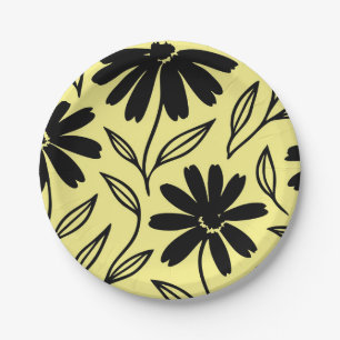 Black Ink Daisies Yellow Boho Bridal Shower Paper Plates