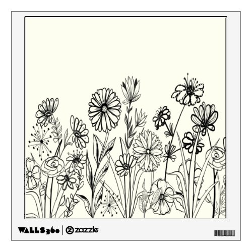 Black ink floral graphic flower line art  wall decal