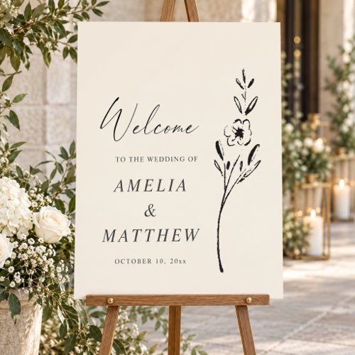 Black Ink Floral Minimalist Wedding Welcome Sign