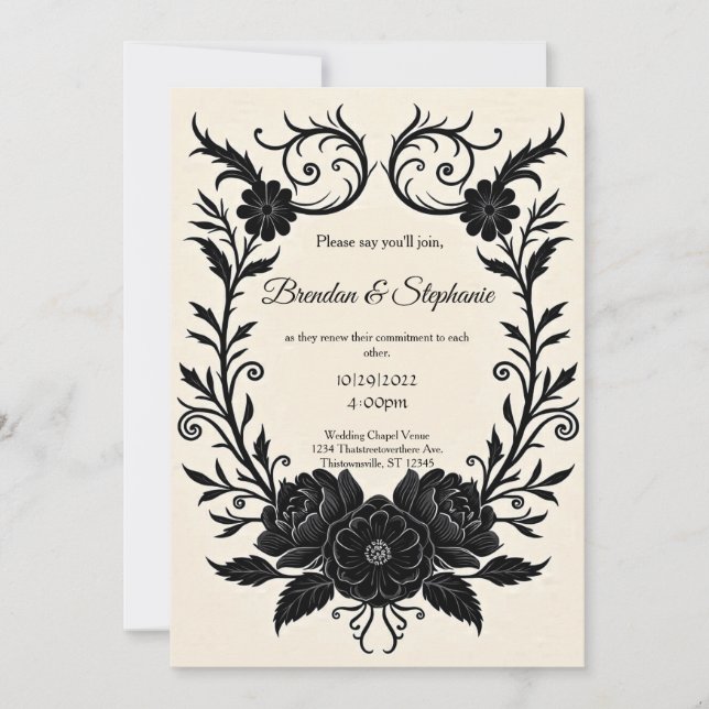 Black Ink Floral Vintage Goth Wedding Invitation (Front)