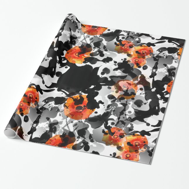 BLACK INK & POPPIES pattern + your backgr. & ideas Wrapping Paper (Unrolled)