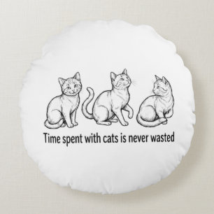 Black Ink Sketch of Three Cats with "Time spent wi Round Pillow