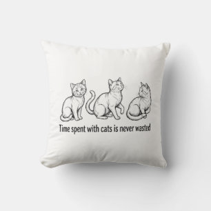Black Ink Sketch of Three Cats with "Time spent wi Throw Pillow
