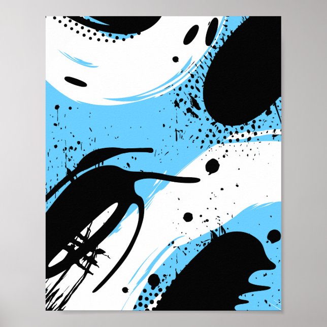 Black Ink Splashes on a Blue & White Background Poster (Front)