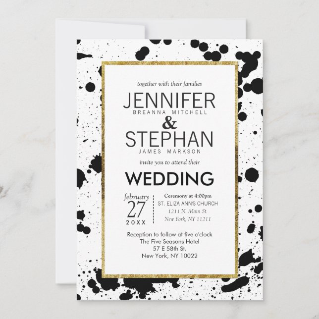 Black Ink Splatters and Gold Wedding Invitations (Front)