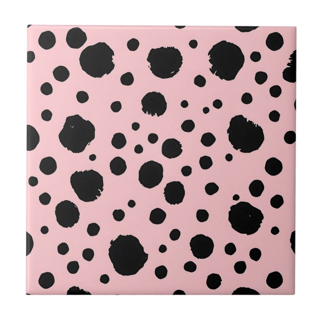 Black Ink Spots Pink Polka Pattern Ceramic Tile (Front)