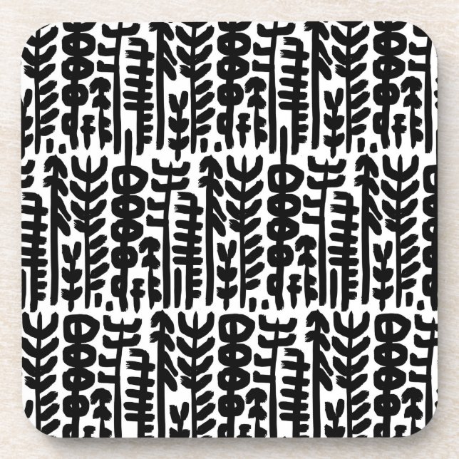 Black Ink Stroke Tree Pattern Beverage Coaster (Front)