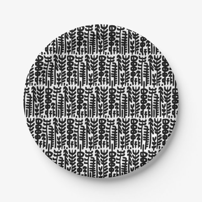 Black Ink Stroke Tree Pattern Paper Plates (Front)