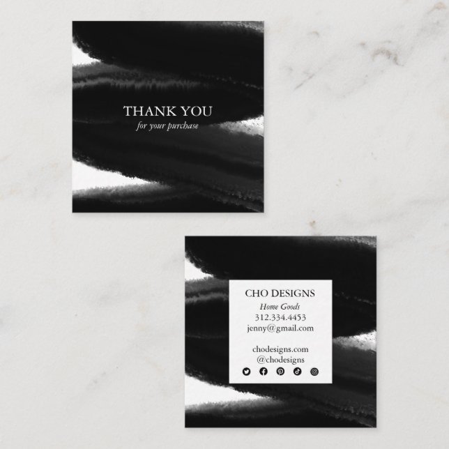 Black Inky Paint Bold Brushstroke Order Thank You Square Business Card (Front/Back)