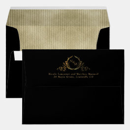 Black, Inside in Gold, Elegant Monogram Wedding  Envelope