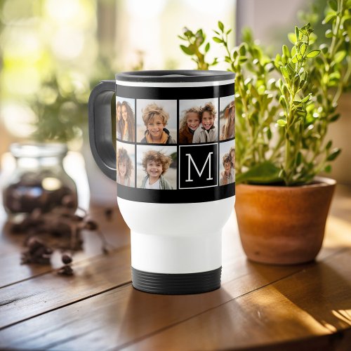 Black Instagram Photo Collage Custom Monogram Travel Mug