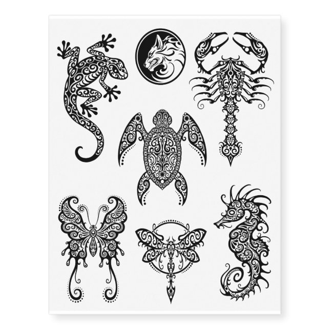 Black Intricate Tribal Animals Collection Temporary Tattoos (Front)