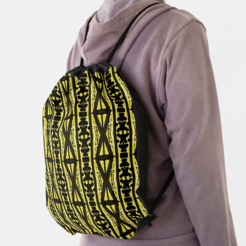 Black Intricate Vertical Design On Yellow Pattern Drawstring Bag