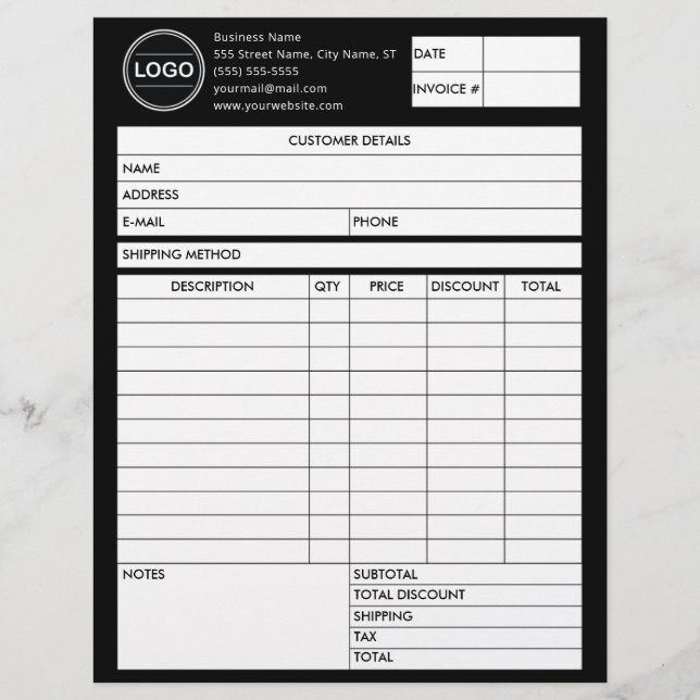 Black Invoice Business Sales Logo Form Receipt Letterhead (Front)