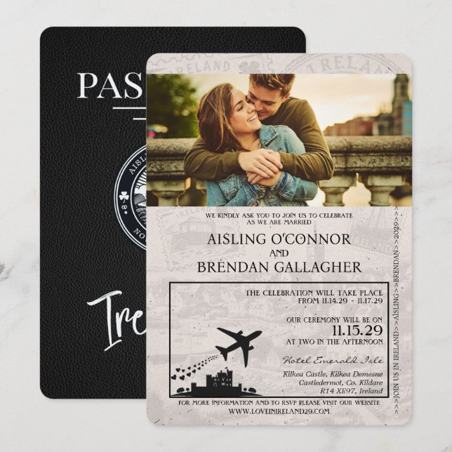 Black Ireland Passport Wedding Invitation (Front/Back)