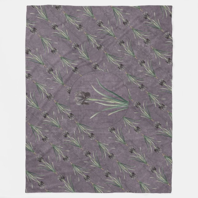 Black Iris on an antique tapestry Fleece Blanket (Front)