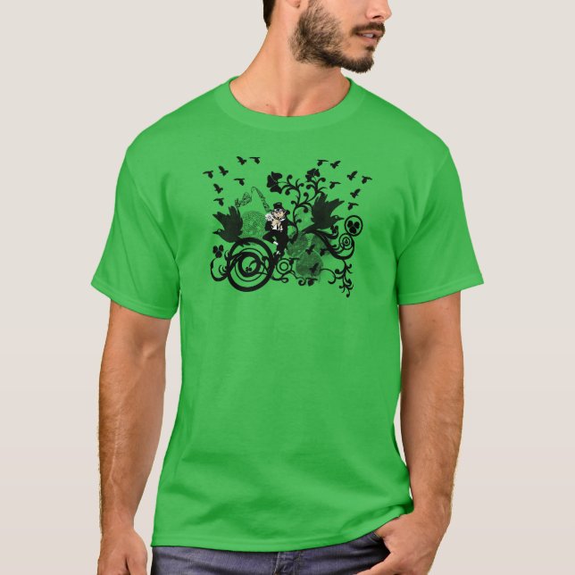 Black Irish Swirls and Leprechauns T-Shirt (Front)