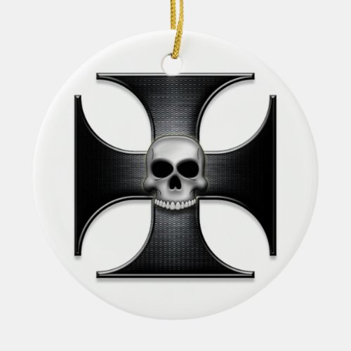 Black Iron Cross with Skull Ceramic Ornament