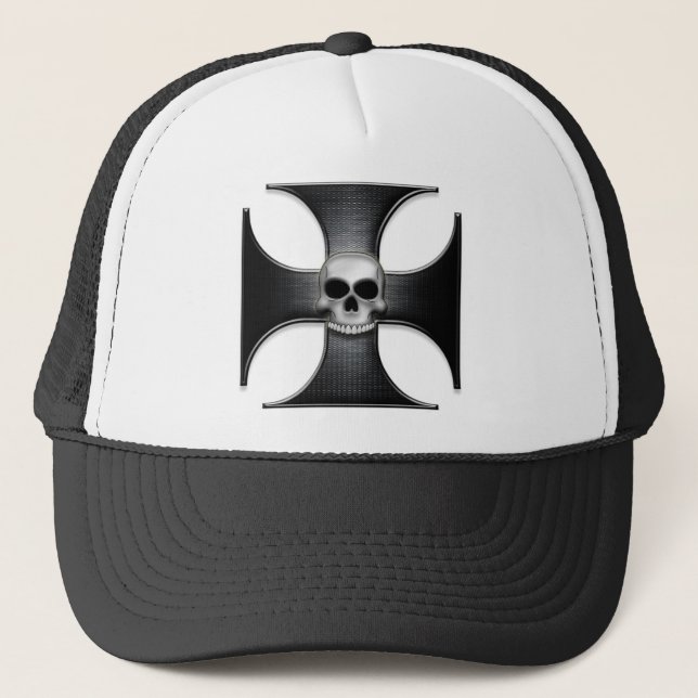 Black Iron Cross with Skull Trucker Hat (Front)