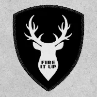 Black iron-on patch - Crest with Stag + Fire it up