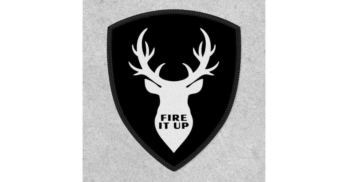 Black iron-on patch - Crest with Stag + Fire it up