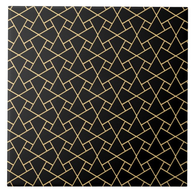 Black Islamic Mosaic Pattern Gold-effect Outlines Ceramic Tile (Front)