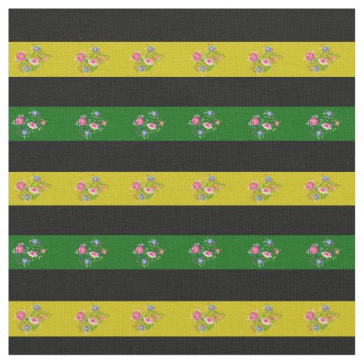 Black, Island green, gold folk flower stripe Fabric