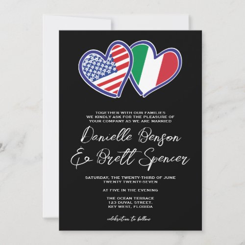 Black Italian American Heart Flag Wedding Invitation