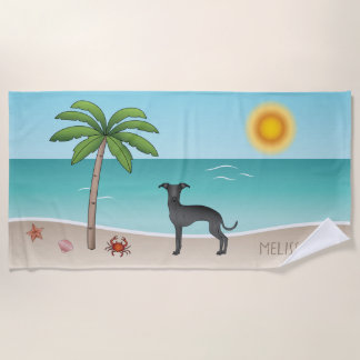 Black Italian Greyhound At Tropical Summer Beach - Beach Towel