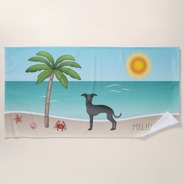 Black Italian Greyhound At Tropical Summer Beach - Beach Towel (Front)
