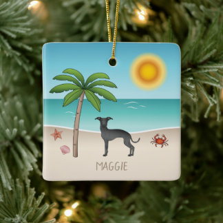 Black Italian Greyhound At Tropical Summer Beach Ceramic Ornament