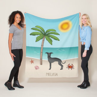 Black Italian Greyhound At Tropical Summer Beach Fleece Blanket