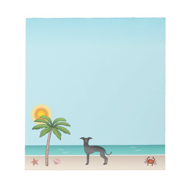 Black Italian Greyhound At Tropical Summer Beach Notepad (Front)