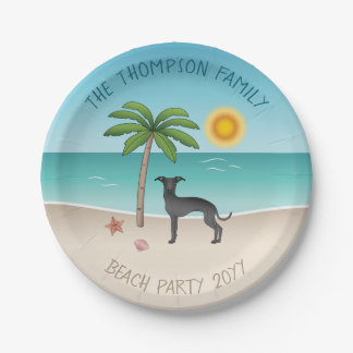 Black Italian Greyhound At Tropical Summer Beach Paper Plates