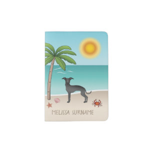Black Italian Greyhound At Tropical Summer Beach Passport Holder