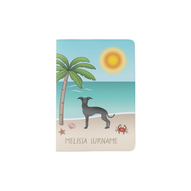 Black Italian Greyhound At Tropical Summer Beach Passport Holder (Front)