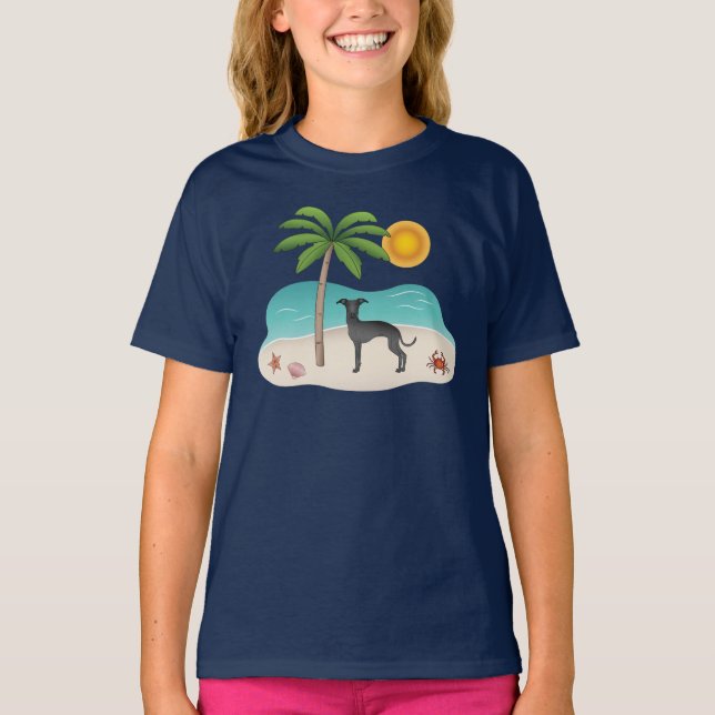 Black Italian Greyhound At Tropical Summer Beach T-Shirt (Front)