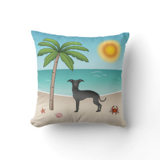 Black Italian Greyhound At Tropical Summer Beach Throw Pillow